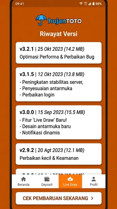 Riwayat Versi Aplikasi Hujantoto untuk Pengguna Android
